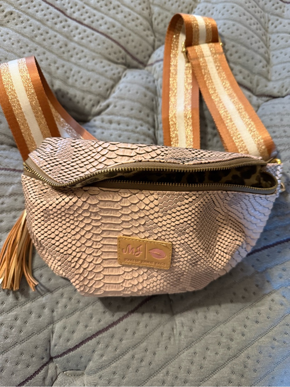 M&J Blush Pink Textured Crossbody Bag with Striped Strap